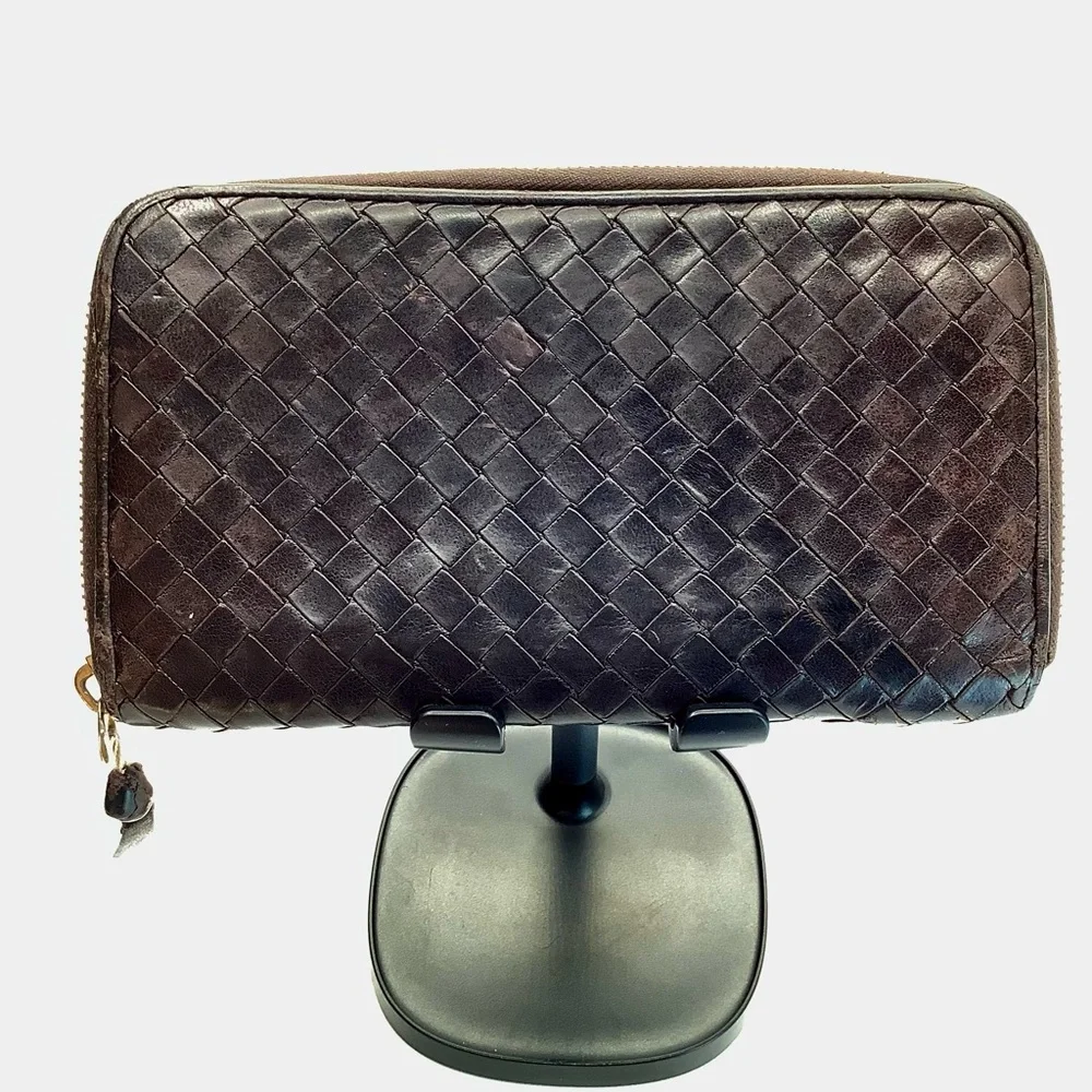 Bottega Veneta Intrecciato Brown Woven Leather Zip Around Wallet